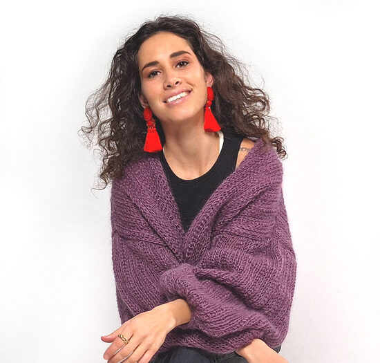 Oversized Mohair Knit Cardigan, Violet Wool Knitted Blazer, Bell Sleeves, code IA14